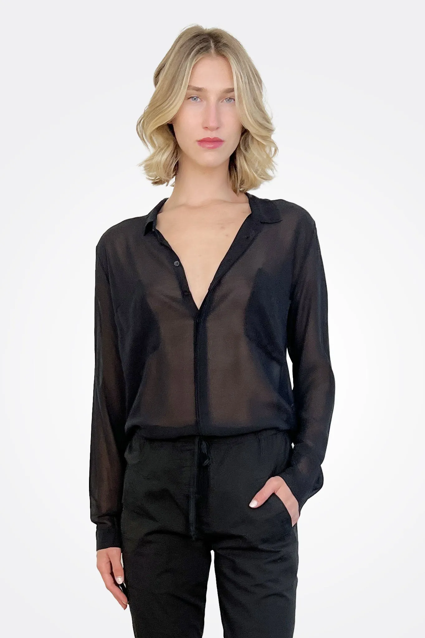 Pocket Silk Button Down - Black