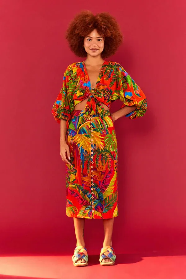 Red Urban Jungle Button Down Midi Skirt