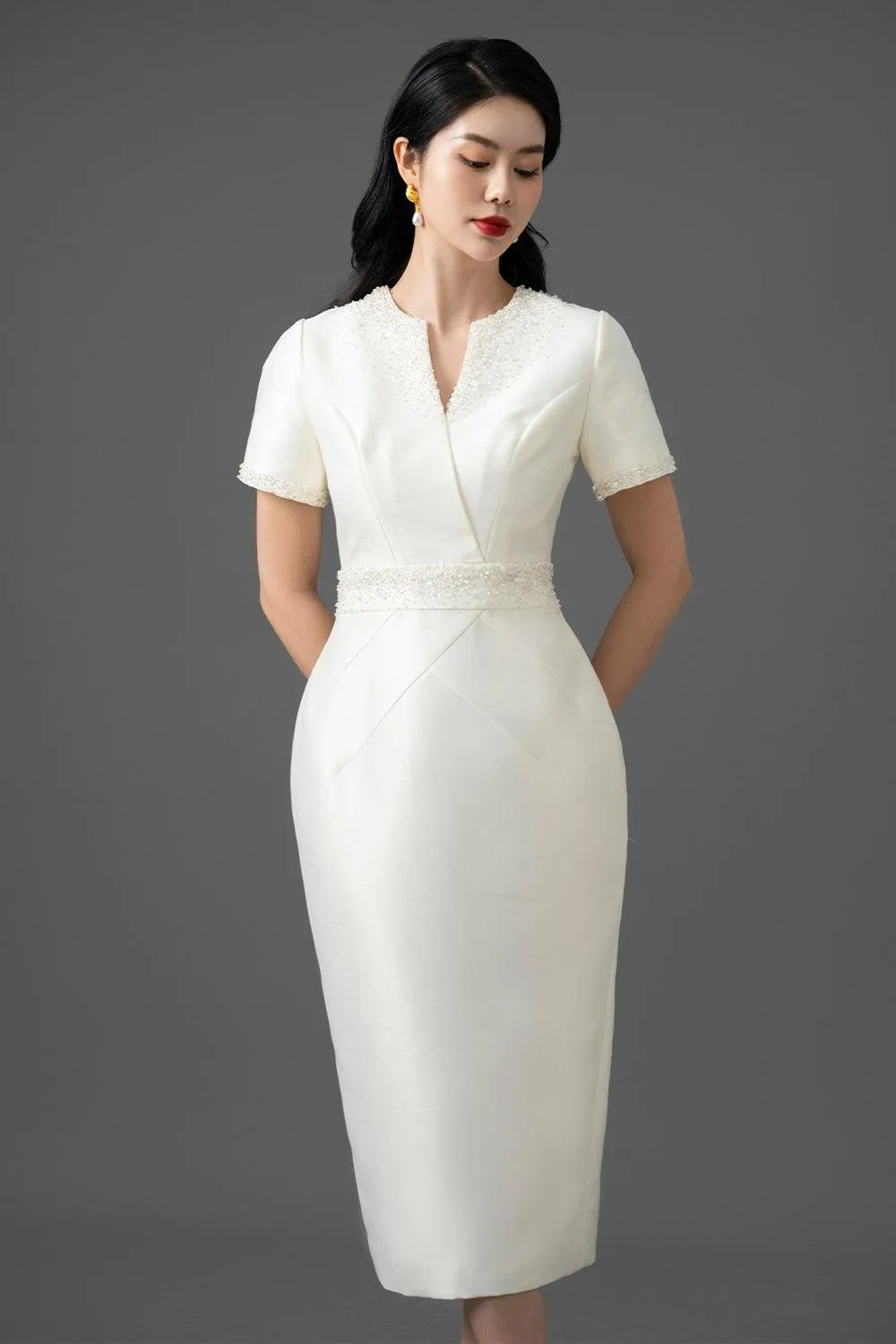 Rianla Pegged Short Sleeved Taffeta Midi Dress