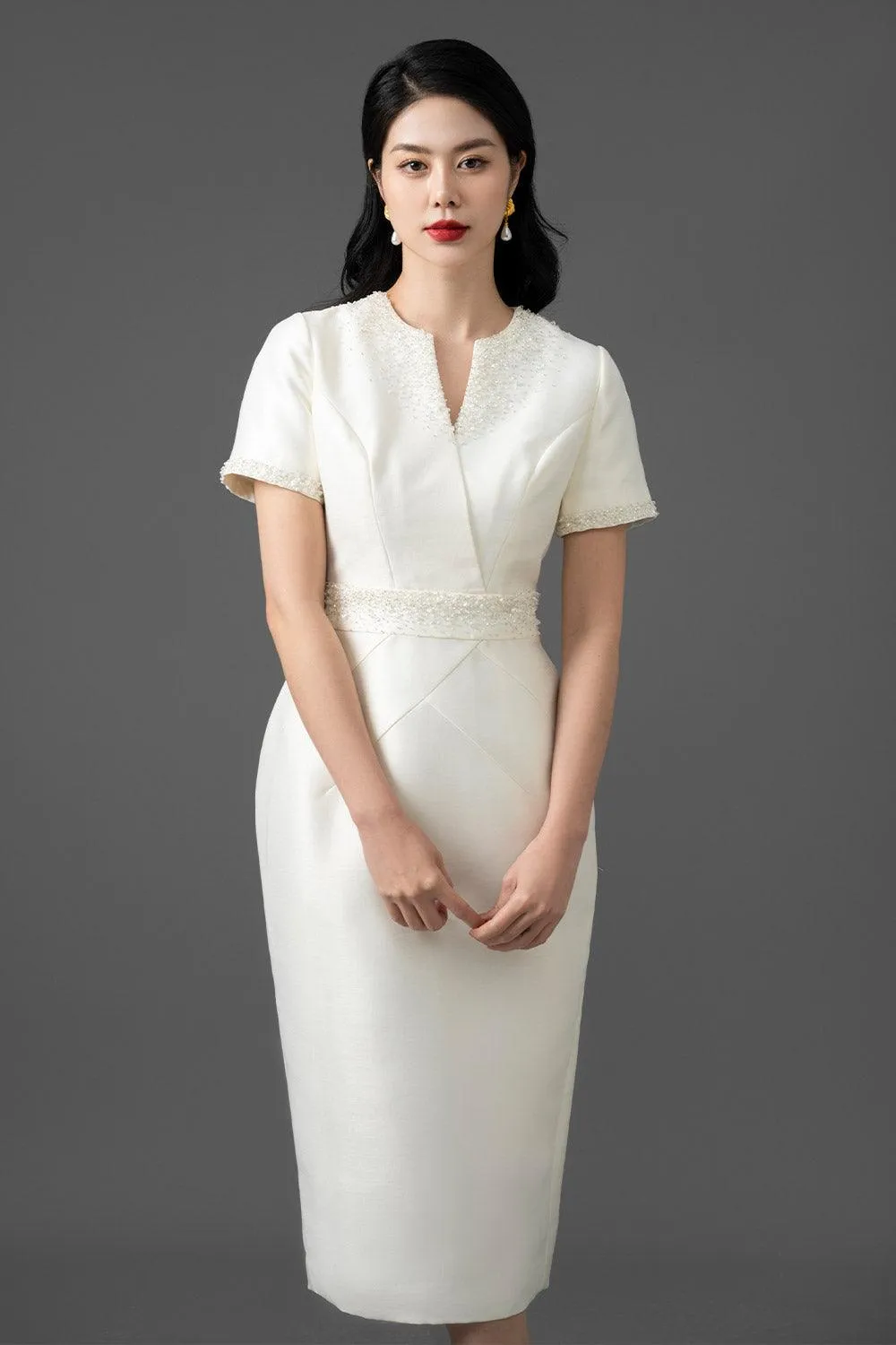 Rianla Pegged Short Sleeved Taffeta Midi Dress