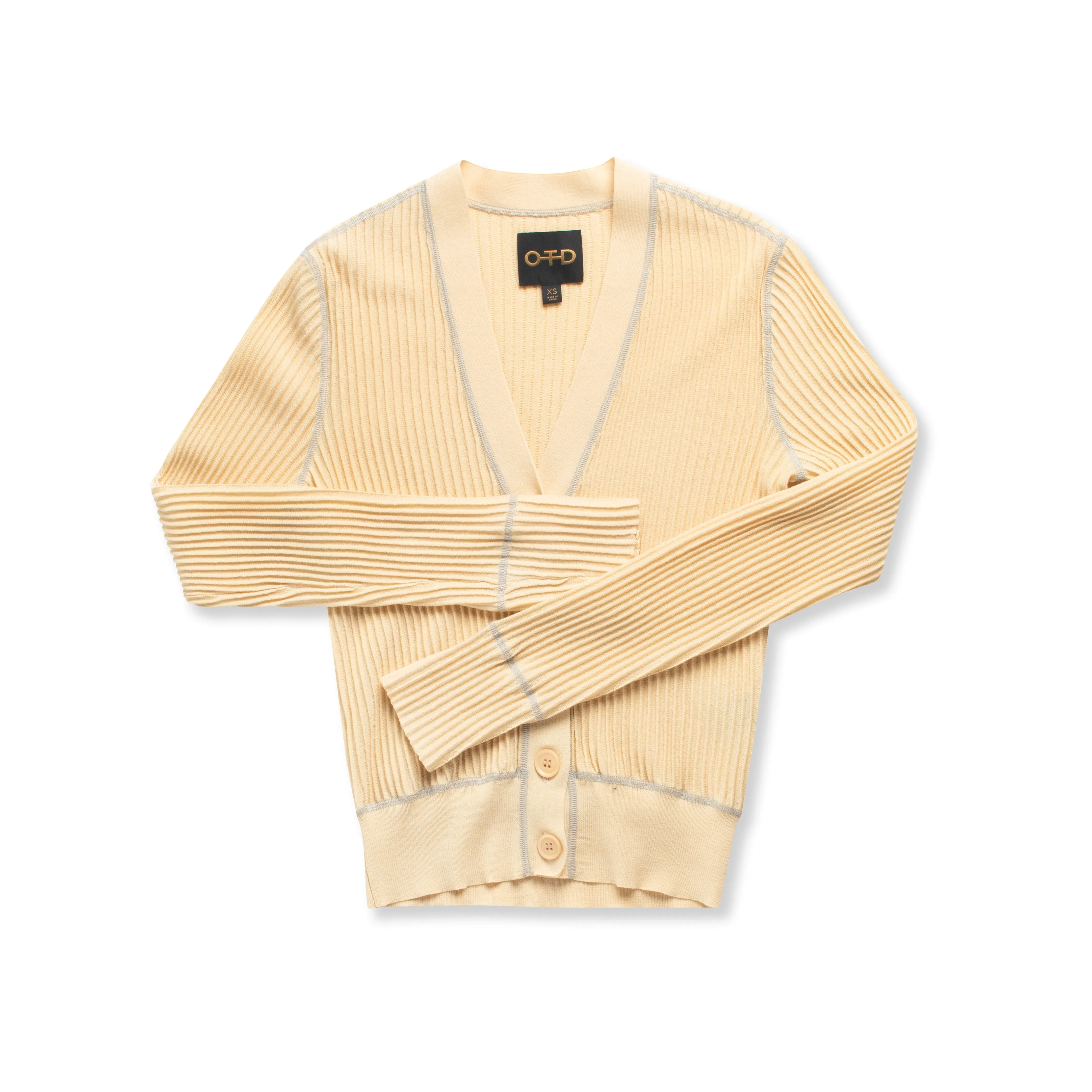 Ribbed Contrast-Stitch Cardigan Sweater (Straw)