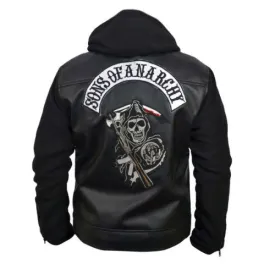 RW Authentic Cowhide Sons Of Anarchy Black Genuine Leather Jacket with Hoodie