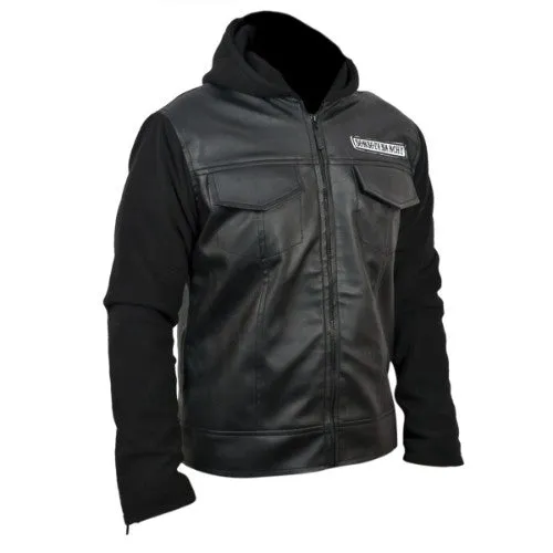 RW Authentic Cowhide Sons Of Anarchy Black Genuine Leather Jacket with Hoodie