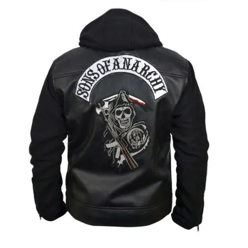 RW Authentic Cowhide Sons Of Anarchy Black Genuine Leather Jacket with Hoodie