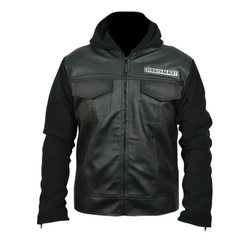 RW Authentic Cowhide Sons Of Anarchy Black Genuine Leather Jacket with Hoodie