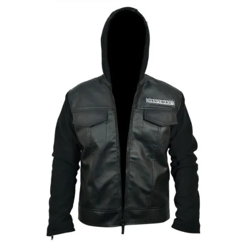 RW Authentic Cowhide Sons Of Anarchy Black Genuine Leather Jacket with Hoodie