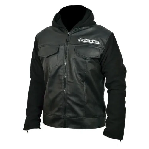 RW Authentic Cowhide Sons Of Anarchy Black Genuine Leather Jacket with Hoodie