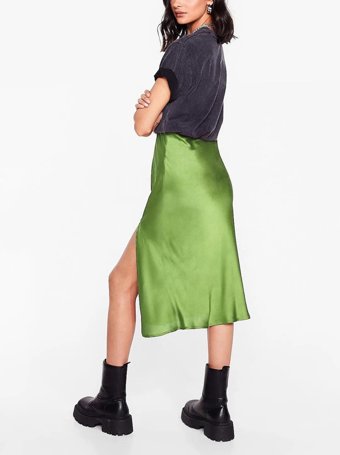 Sheface Women's Satin Midi Skirt High Waist Side Split Silk Cocktail Party Skirt Elastic Waistband Flared A-Line Midi Skirts