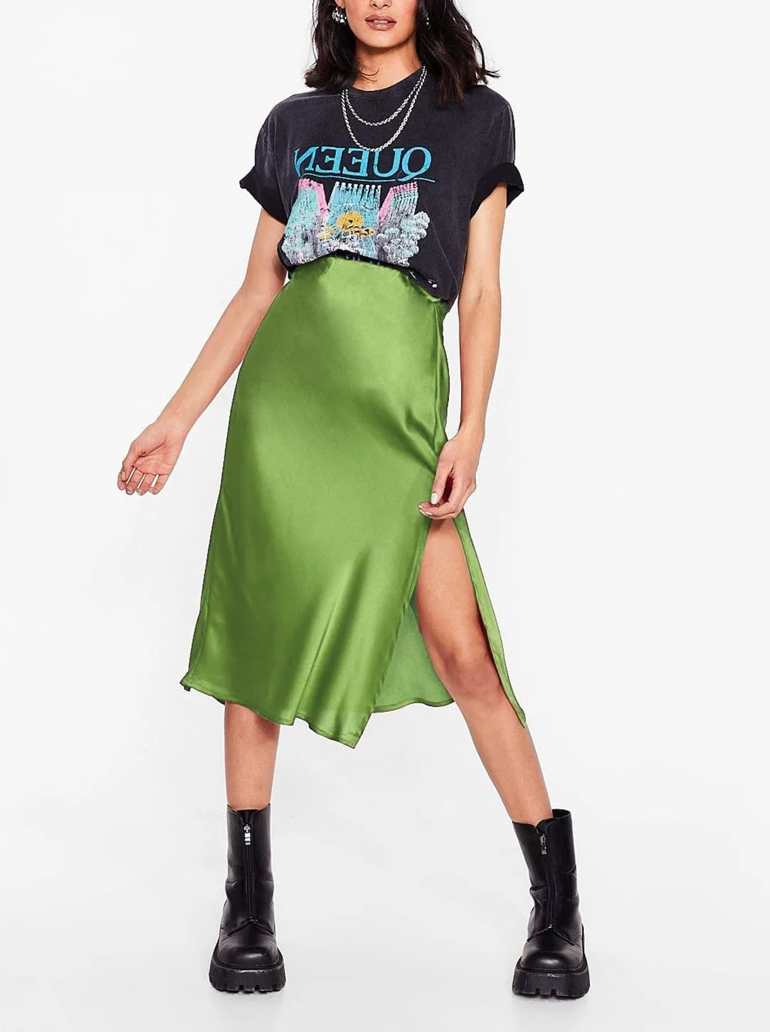 Sheface Women's Satin Midi Skirt High Waist Side Split Silk Cocktail Party Skirt Elastic Waistband Flared A-Line Midi Skirts