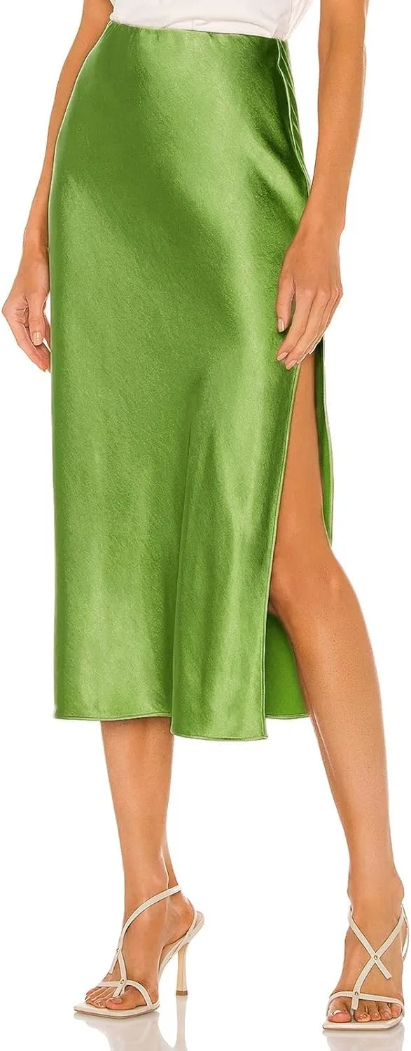 Sheface Women's Satin Midi Skirt High Waist Side Split Silk Cocktail Party Skirt Elastic Waistband Flared A-Line Midi Skirts