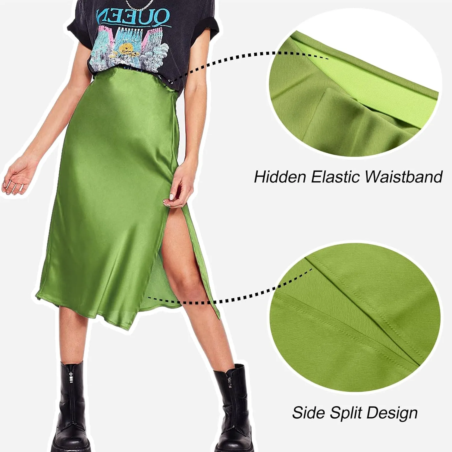 Sheface Women's Satin Midi Skirt High Waist Side Split Silk Cocktail Party Skirt Elastic Waistband Flared A-Line Midi Skirts