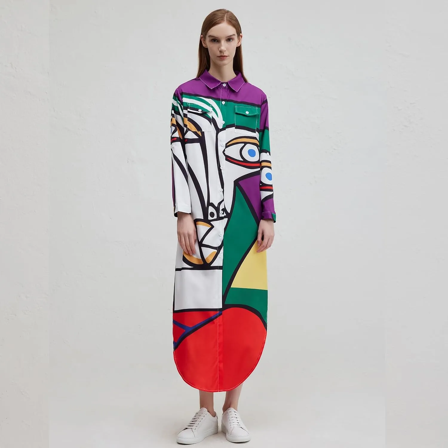 Shirt Long Dress Button Down Up Dress for Women Casual Long Sleeve Maxi Spring Summer Dresses with Sleeve Tab Pocket Collar