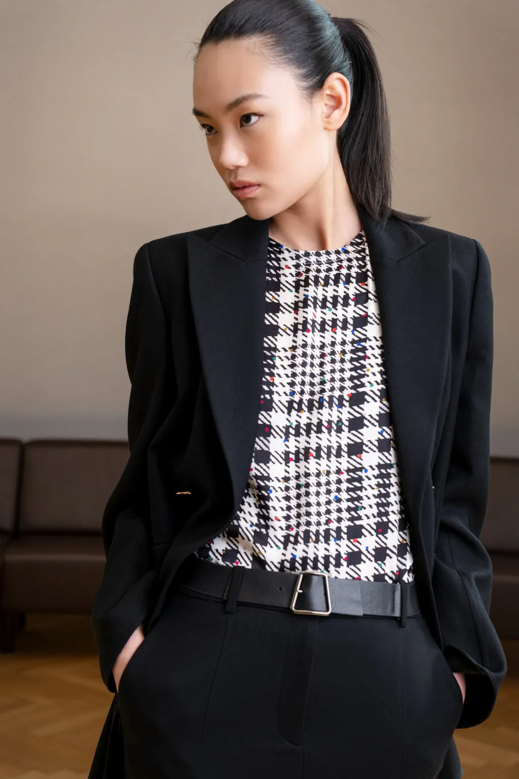Silk Satin Blouse with Tweed Check Print
