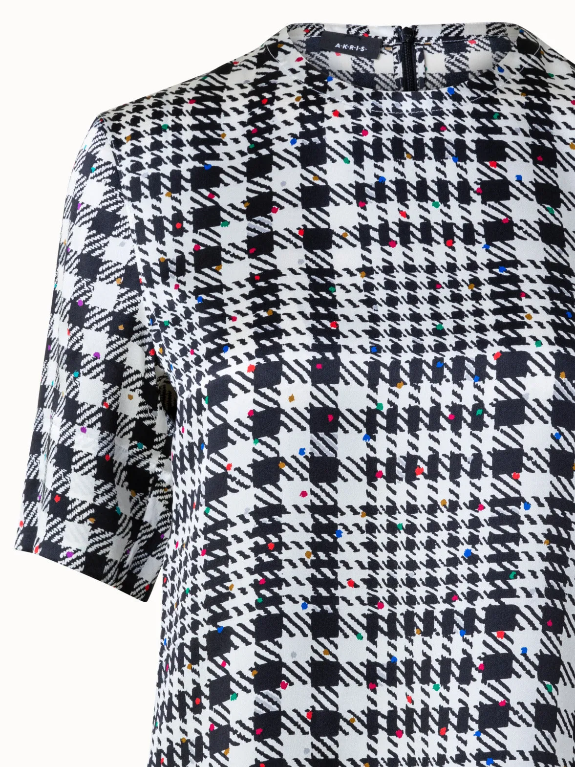 Silk Satin Blouse with Tweed Check Print