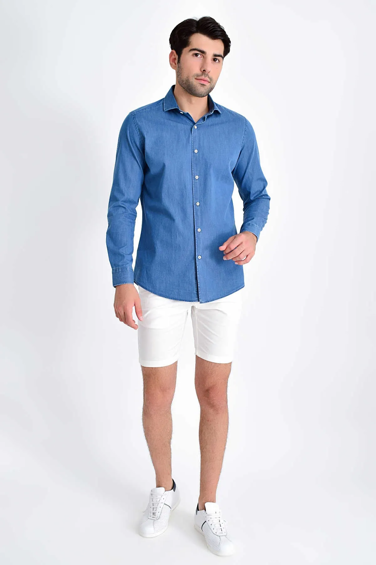 Slim Fit Long Sleeve 100% Cotton Indigo Casual Shirt