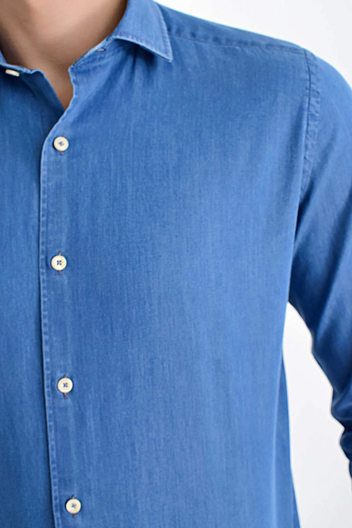 Slim Fit Long Sleeve 100% Cotton Indigo Casual Shirt