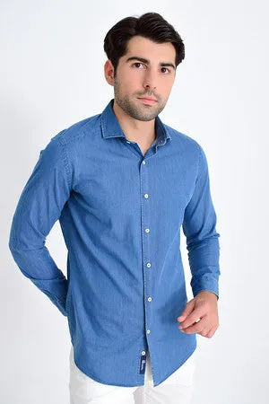 Slim Fit Long Sleeve 100% Cotton Indigo Casual Shirt