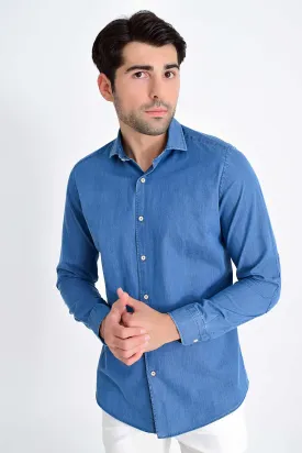 Slim Fit Long Sleeve 100% Cotton Indigo Casual Shirt