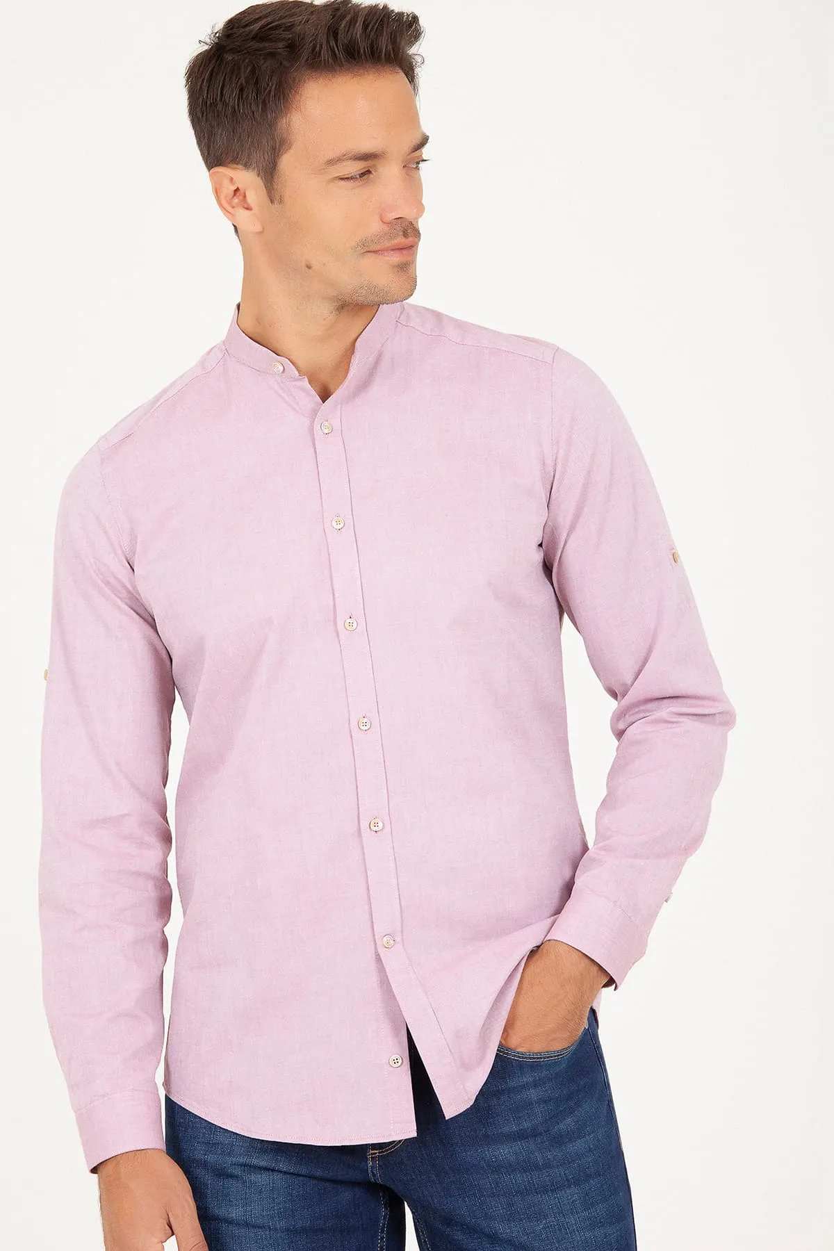 Slim Fit Long Sleeve Cotton Burgundy Casual Shirt