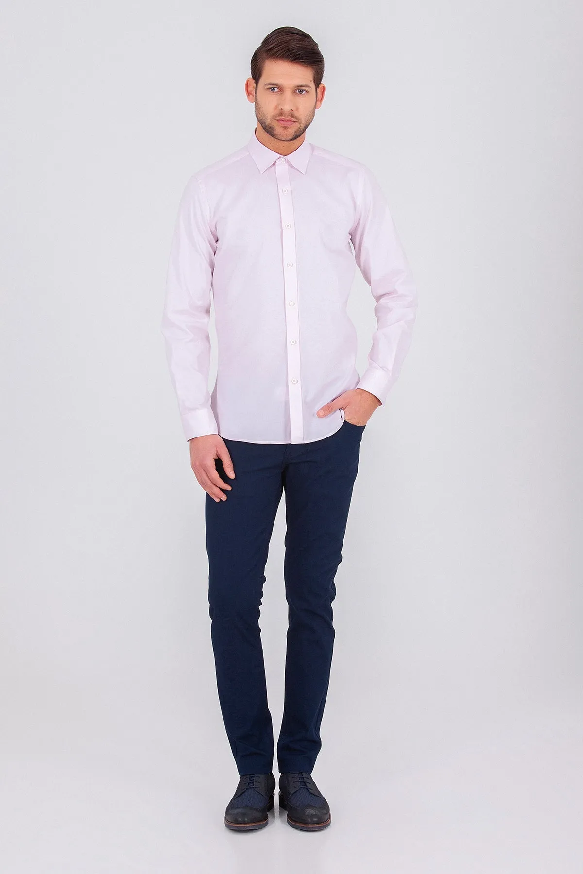 Slim Fit Long Sleeve Cotton Pink Casual Shirt