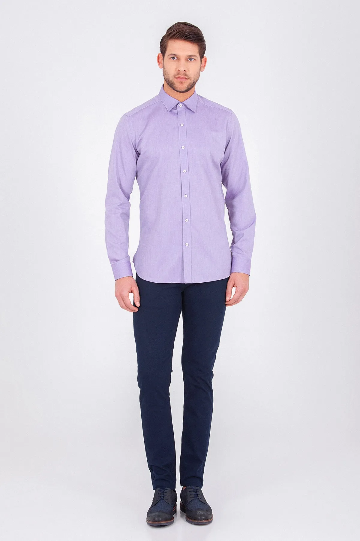 Slim Fit Long Sleeve Cotton Purple Casual Shirt