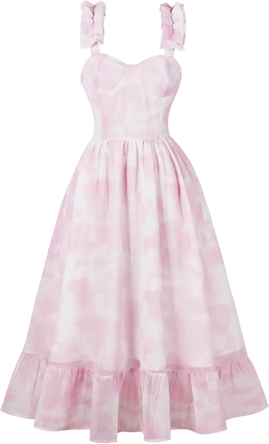 Summer Dress for Women Sun Dress Spaghetti Straps Sweetheart Neckline Ruffle Midi Chiffon Dress Backless