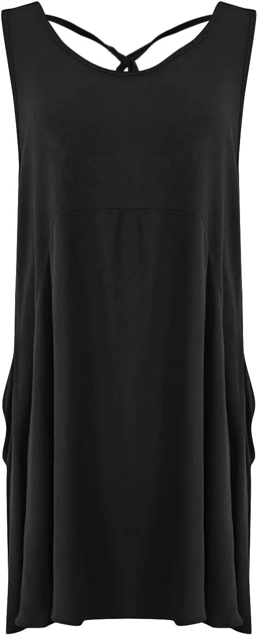 Summer Dresses for Women Casual Solid Color Mini Beach Dress Crew Neck Sleeveless Pleated Loose Comfy Short Dress