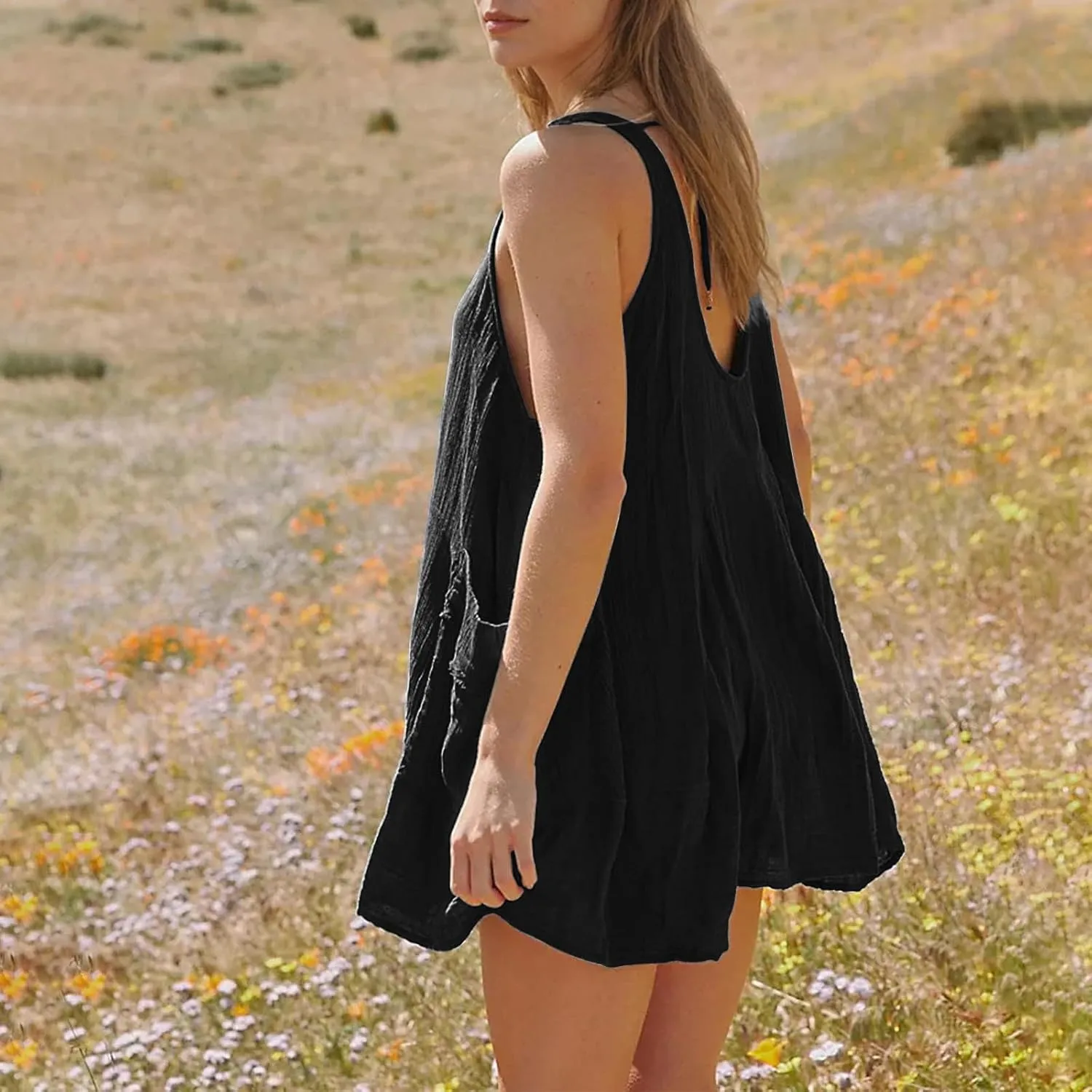 Summer Dresses for Women Casual Solid Color Mini Beach Dress Crew Neck Sleeveless Pleated Loose Comfy Short Dress