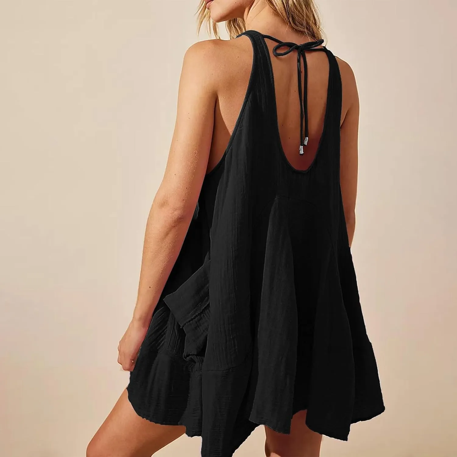Summer Dresses for Women Casual Solid Color Mini Beach Dress Crew Neck Sleeveless Pleated Loose Comfy Short Dress