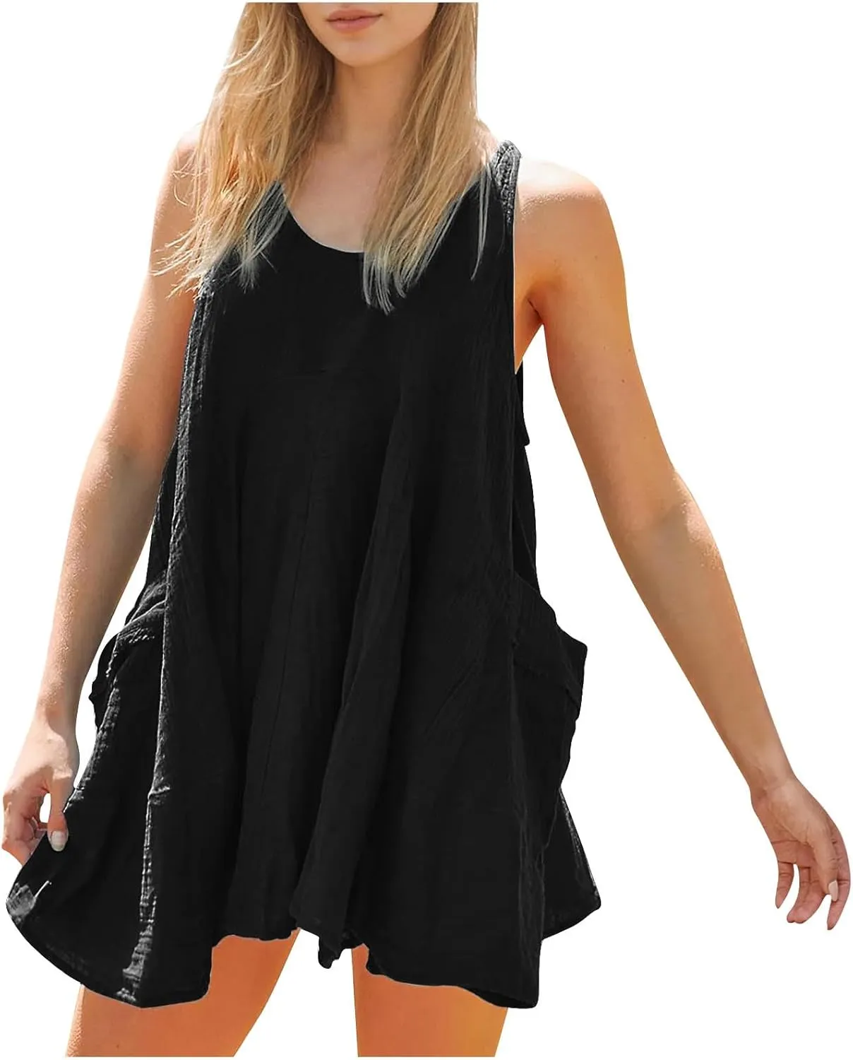 Summer Dresses for Women Casual Solid Color Mini Beach Dress Crew Neck Sleeveless Pleated Loose Comfy Short Dress