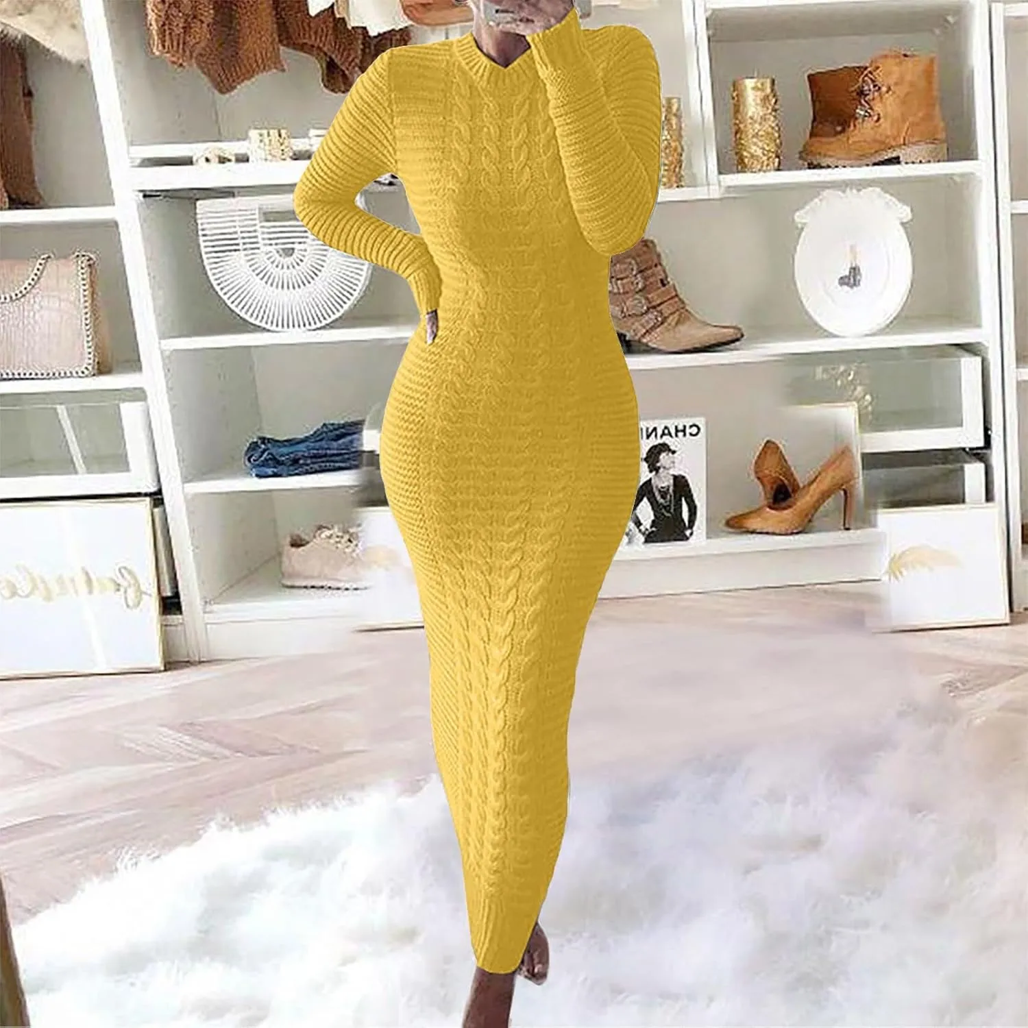 Sweater Maxi Dress Women Crewneck Long Sleeve Chunky Cable Knit Pullover Sweater Bodycon Long Dress Jumper Dress