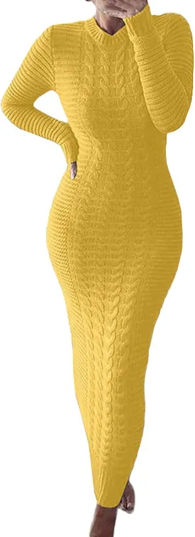 Sweater Maxi Dress Women Crewneck Long Sleeve Chunky Cable Knit Pullover Sweater Bodycon Long Dress Jumper Dress