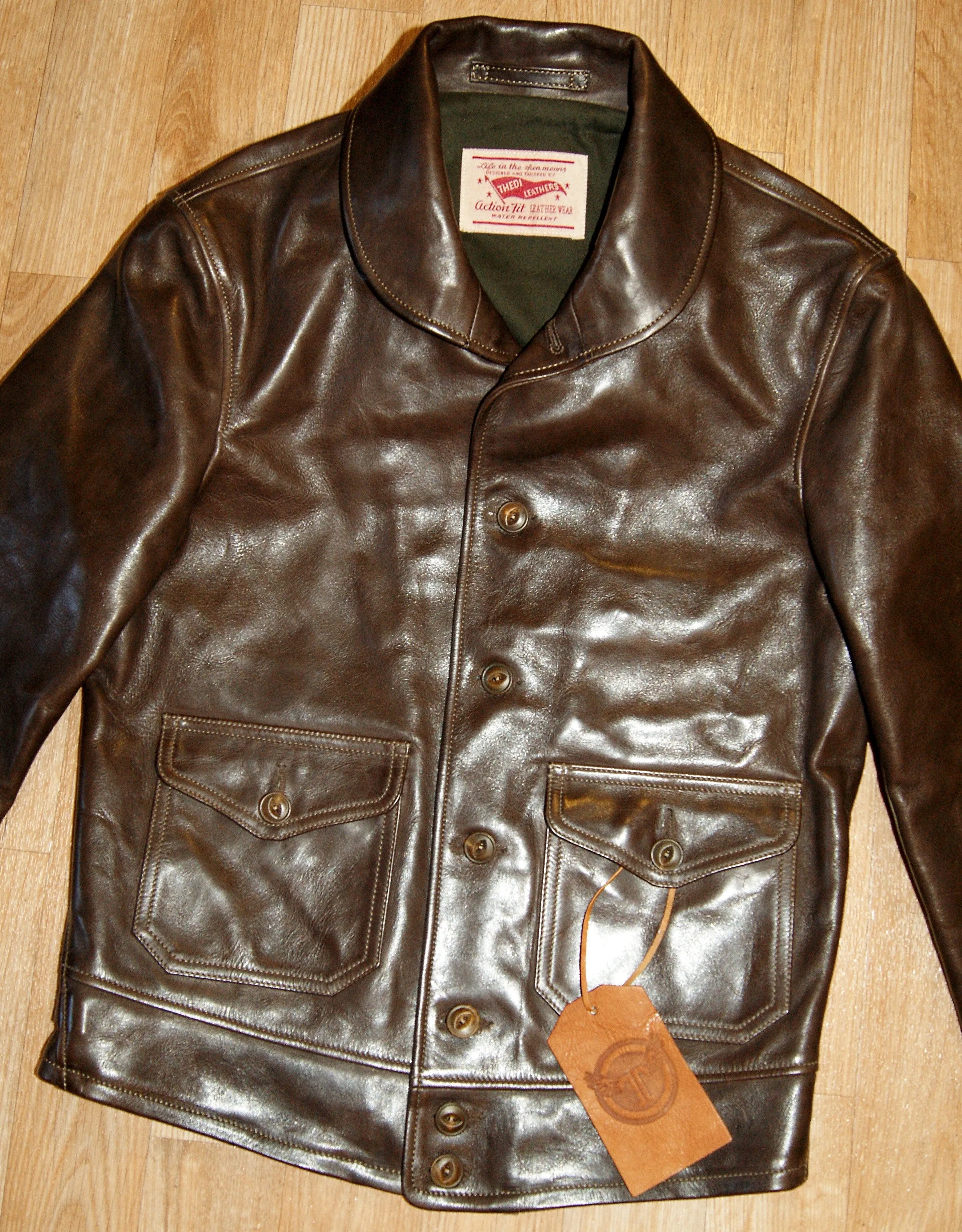 Thedi x Thurston Brown Cowhide Button-Up Shawl Collar Utility Jacket
