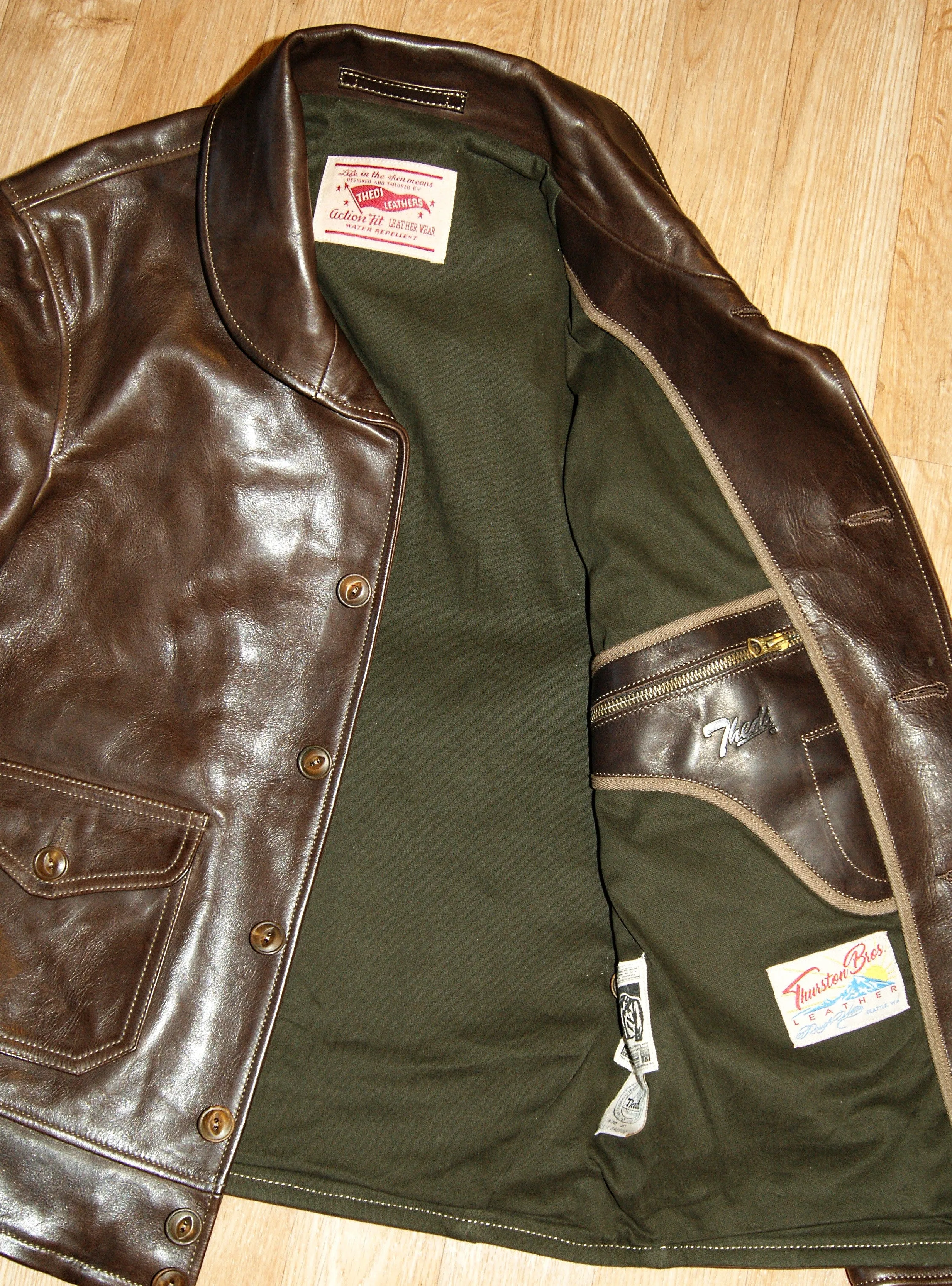 Thedi x Thurston Brown Cowhide Button-Up Shawl Collar Utility Jacket