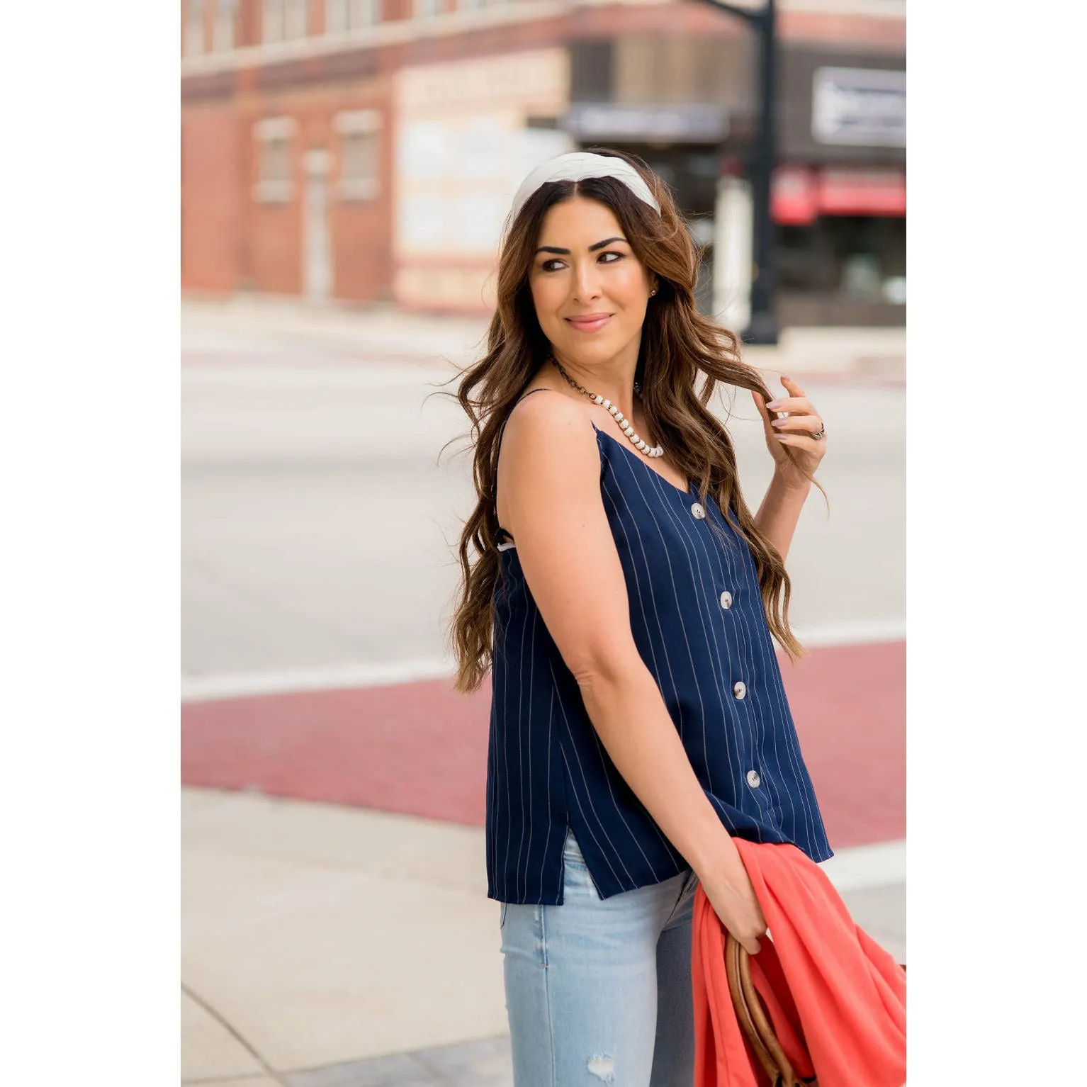Thin Striped Button Accent Tank