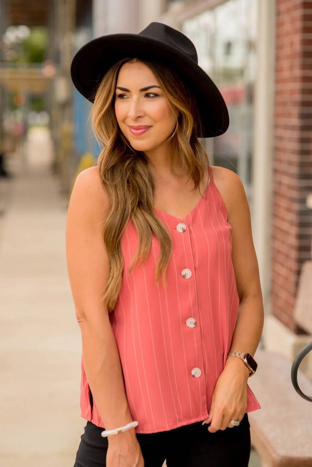 Thin Striped Button Accent Tank