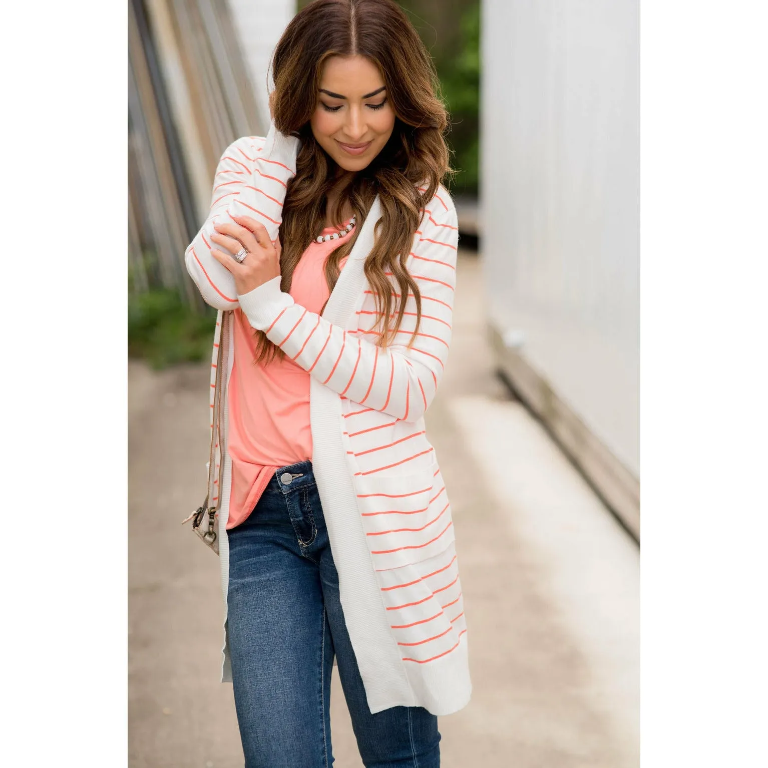 Thin Striped Cardigan-White