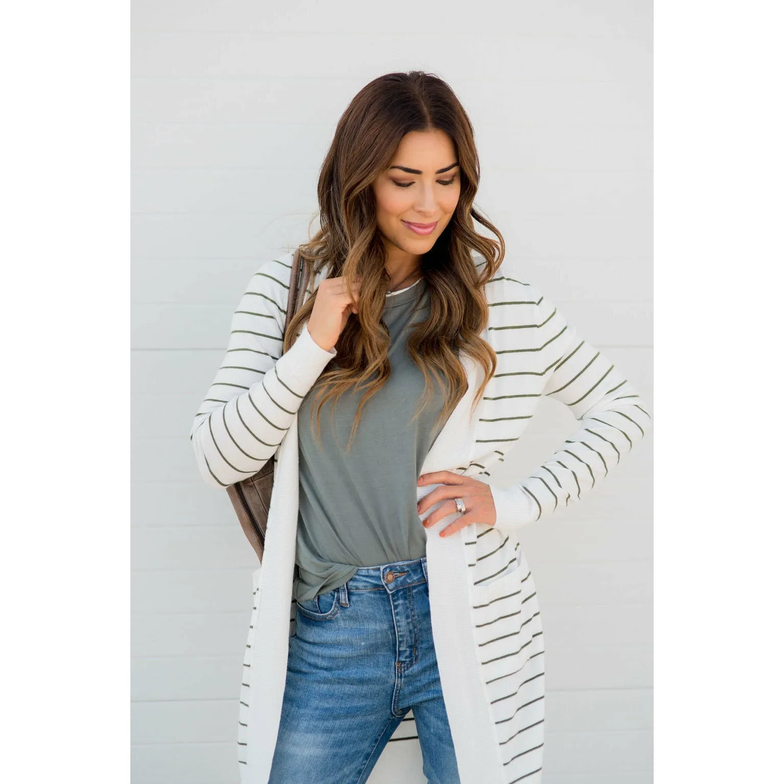 Thin Striped Cardigan-White