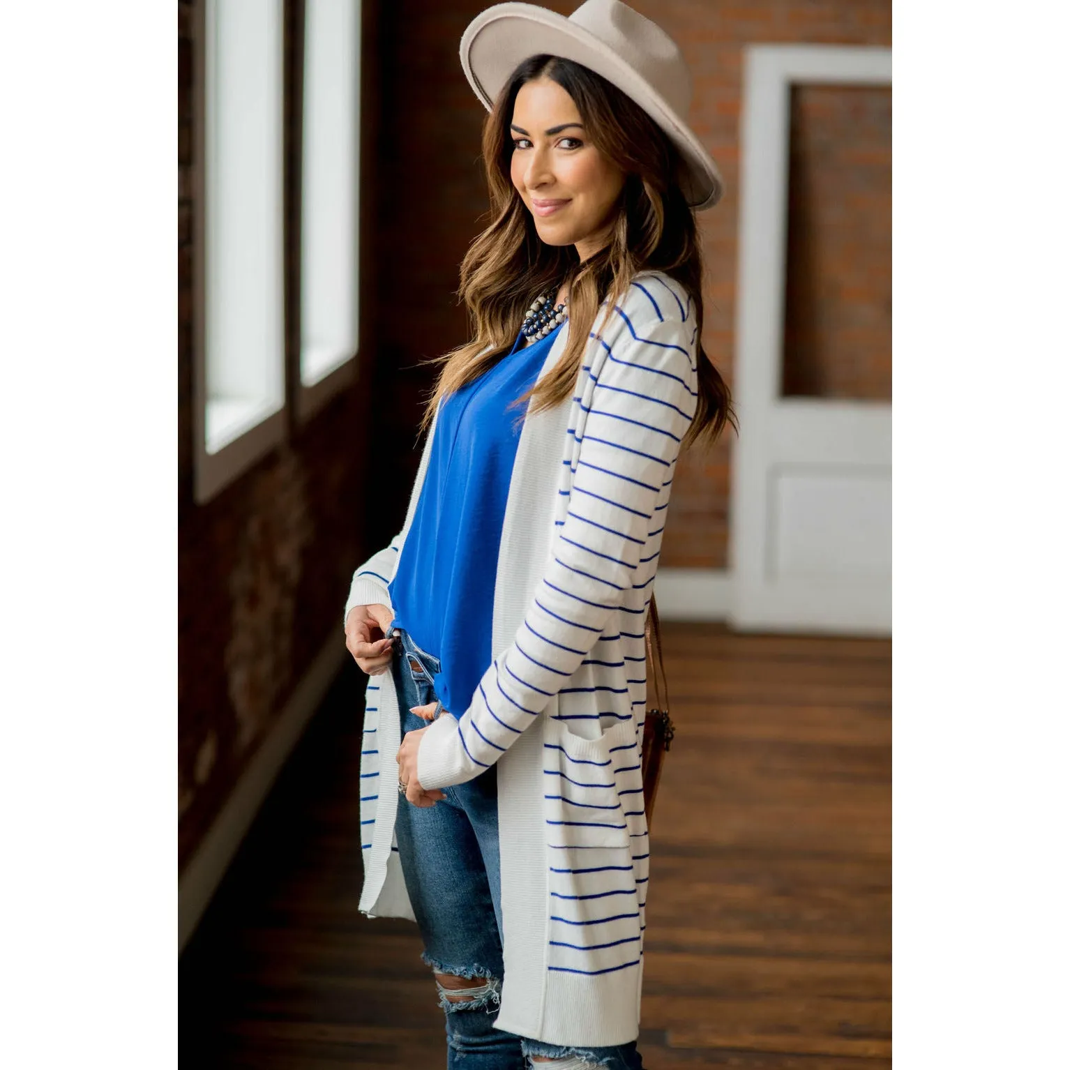 Thin Striped Cardigan-White