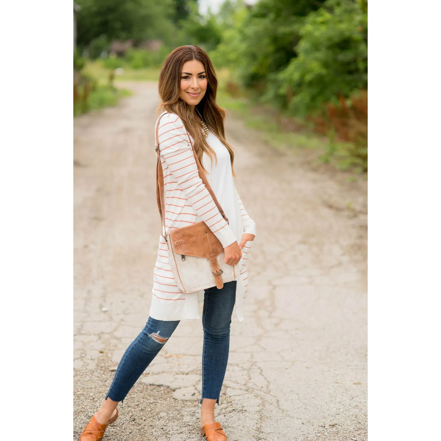 Thin Striped Cardigan-White