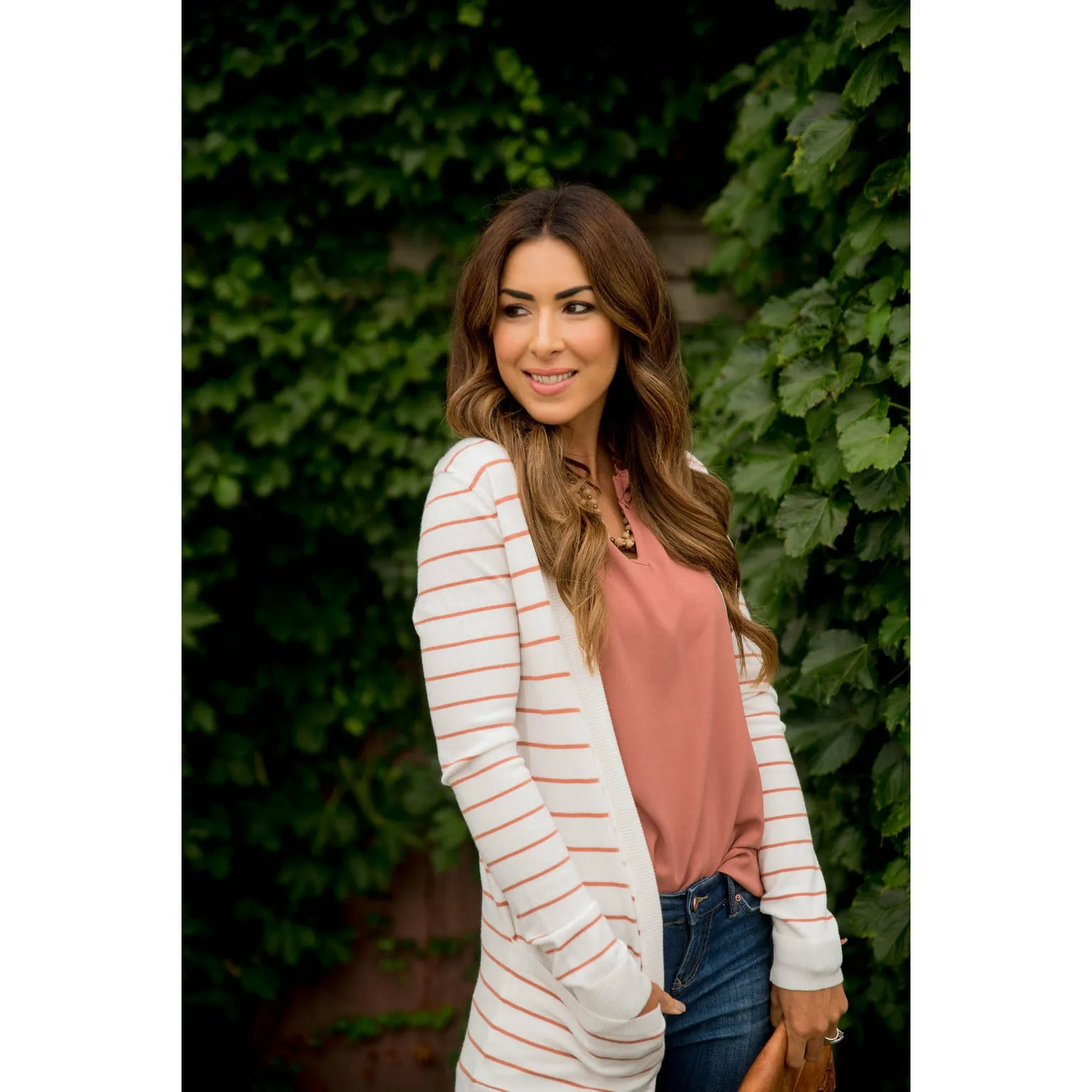 Thin Striped Cardigan-White