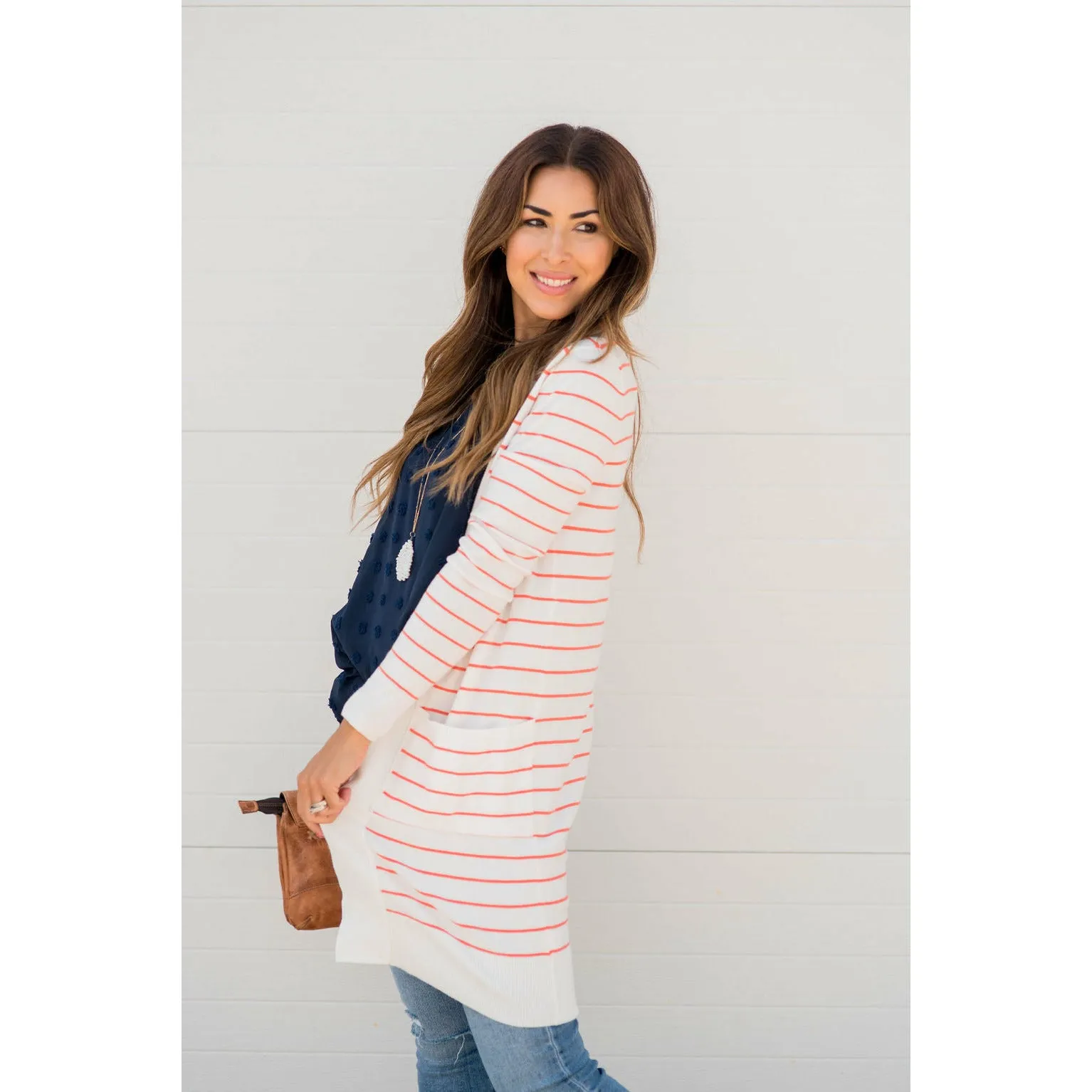 Thin Striped Cardigan-White