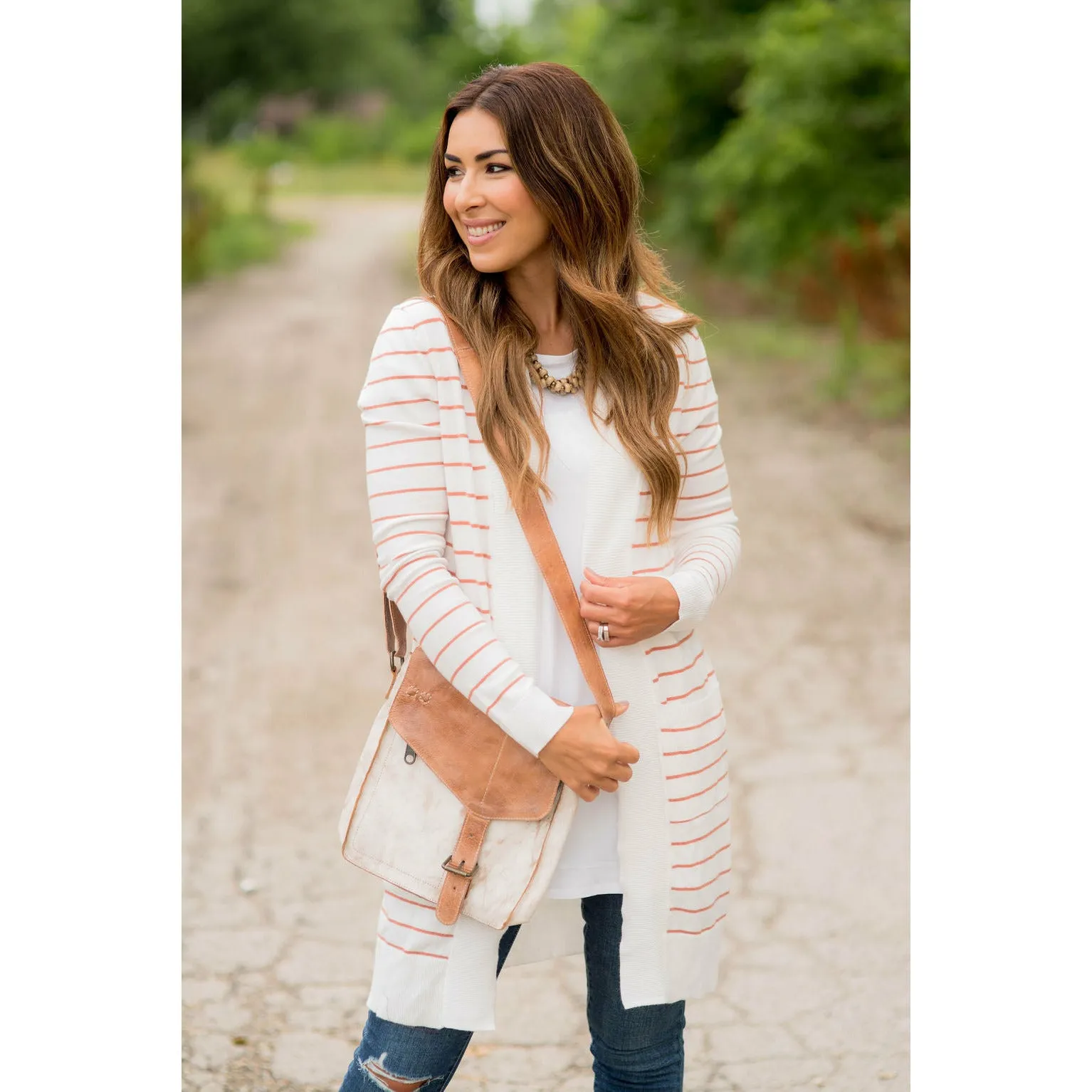 Thin Striped Cardigan-White