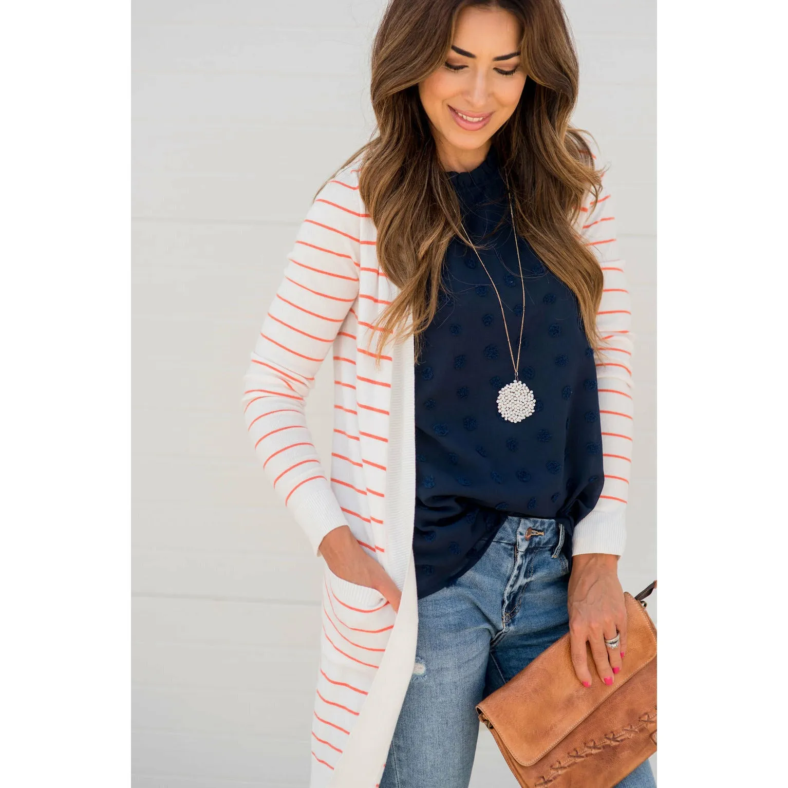 Thin Striped Cardigan-White