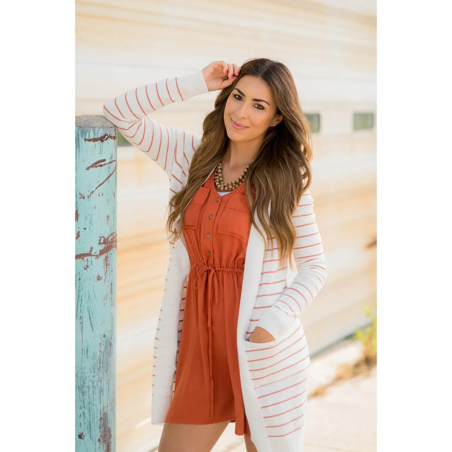 Thin Striped Cardigan-White