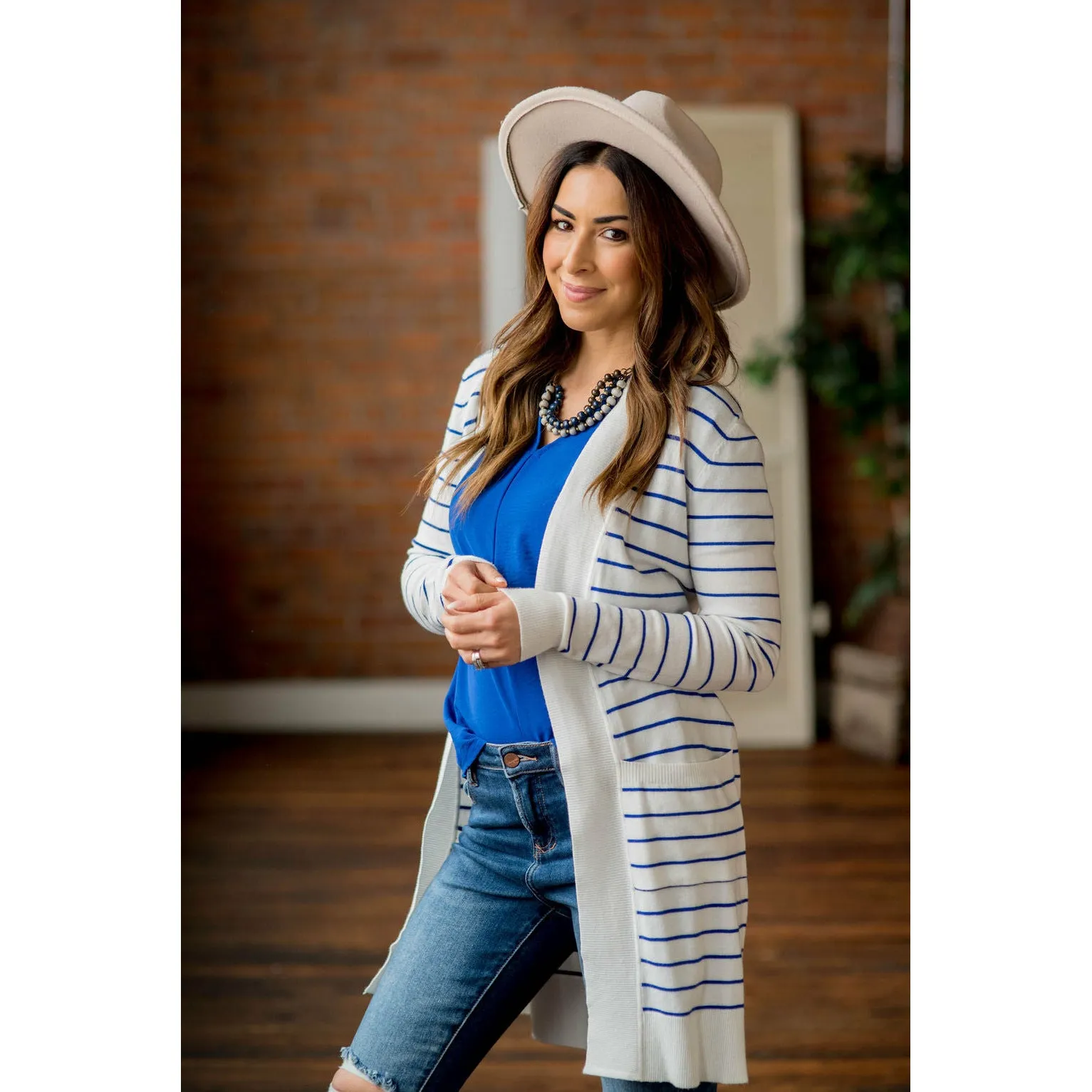 Thin Striped Cardigan-White