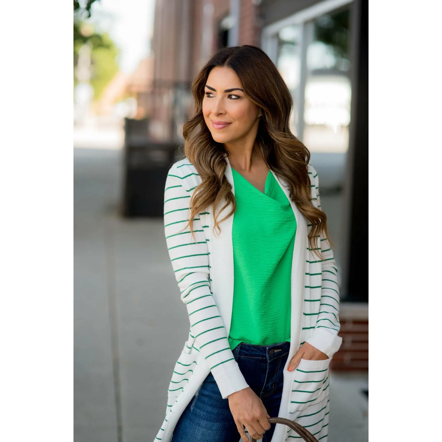 Thin Striped Cardigan-White