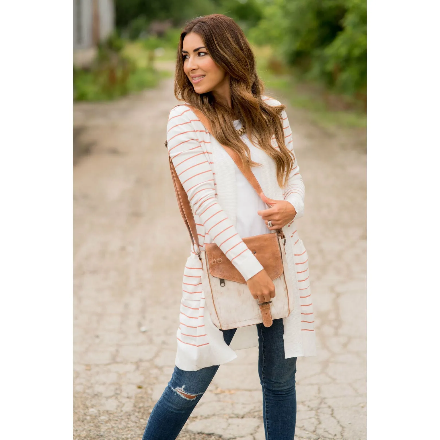 Thin Striped Cardigan-White