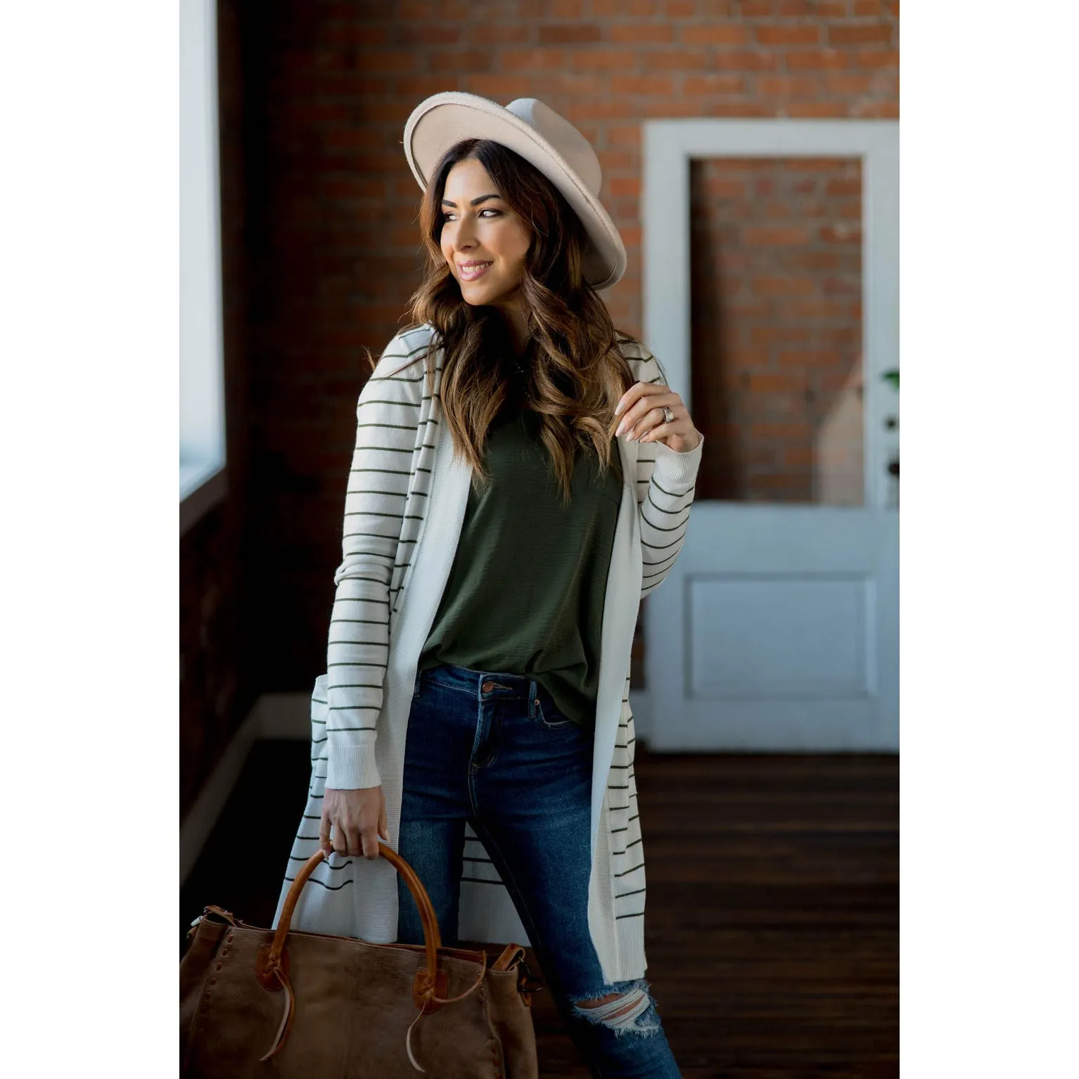 Thin Striped Cardigan-White