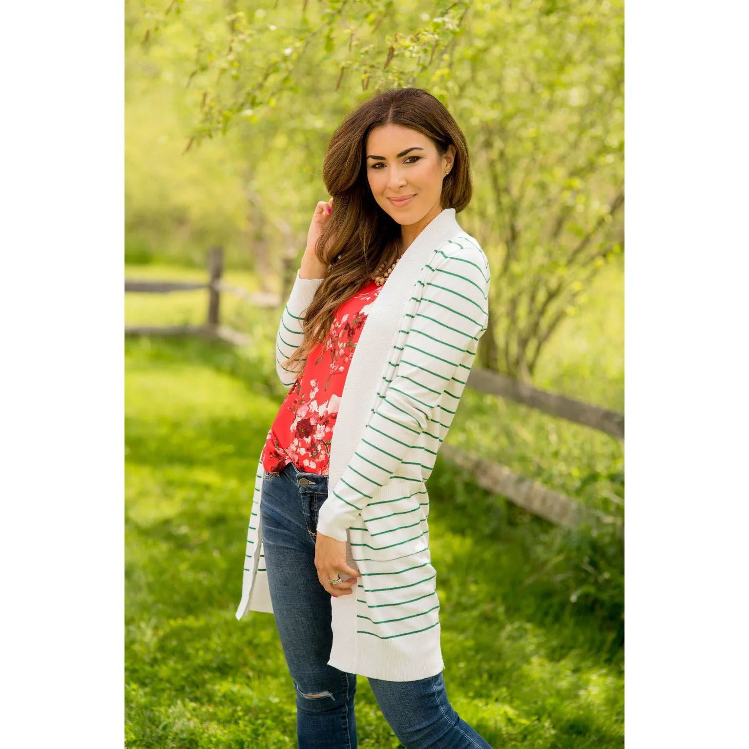 Thin Striped Cardigan-White